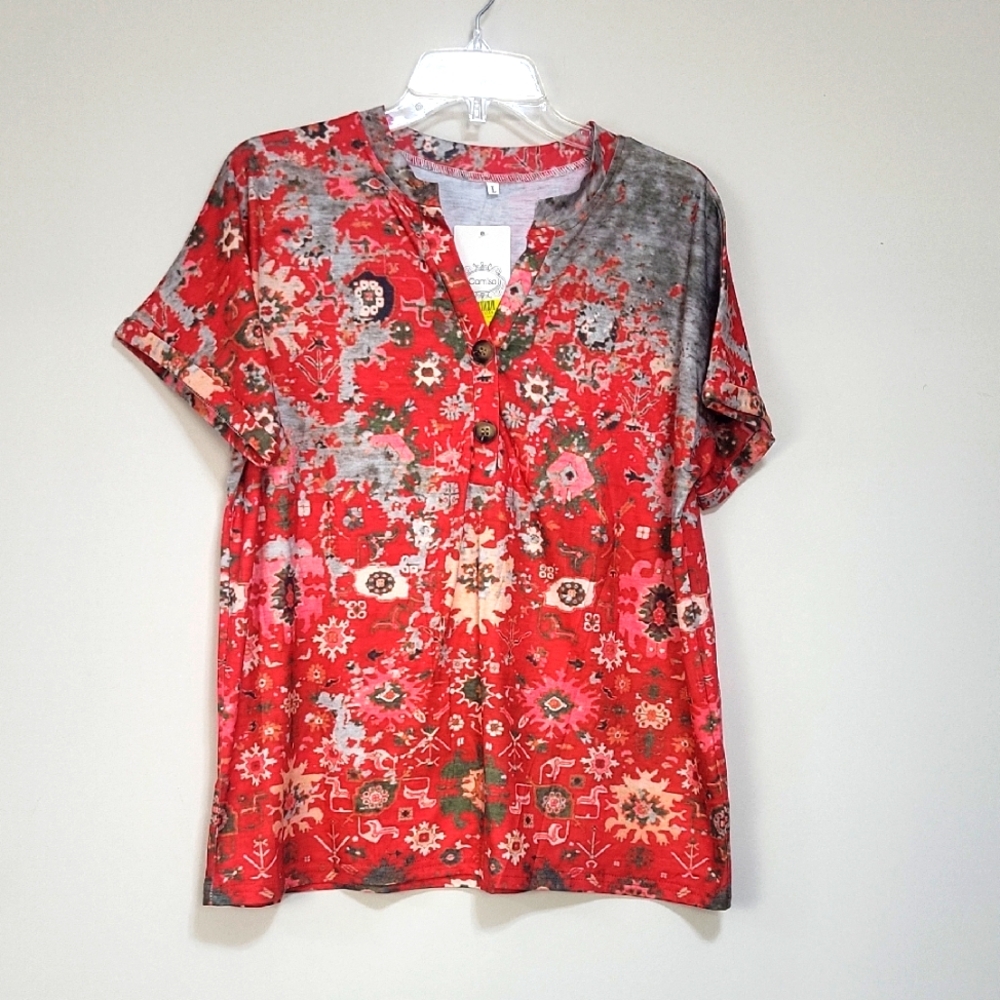 CAMISA Red Pink Abstract Southwestern V-Neck 3/4 Button Front Short Sleeve Top